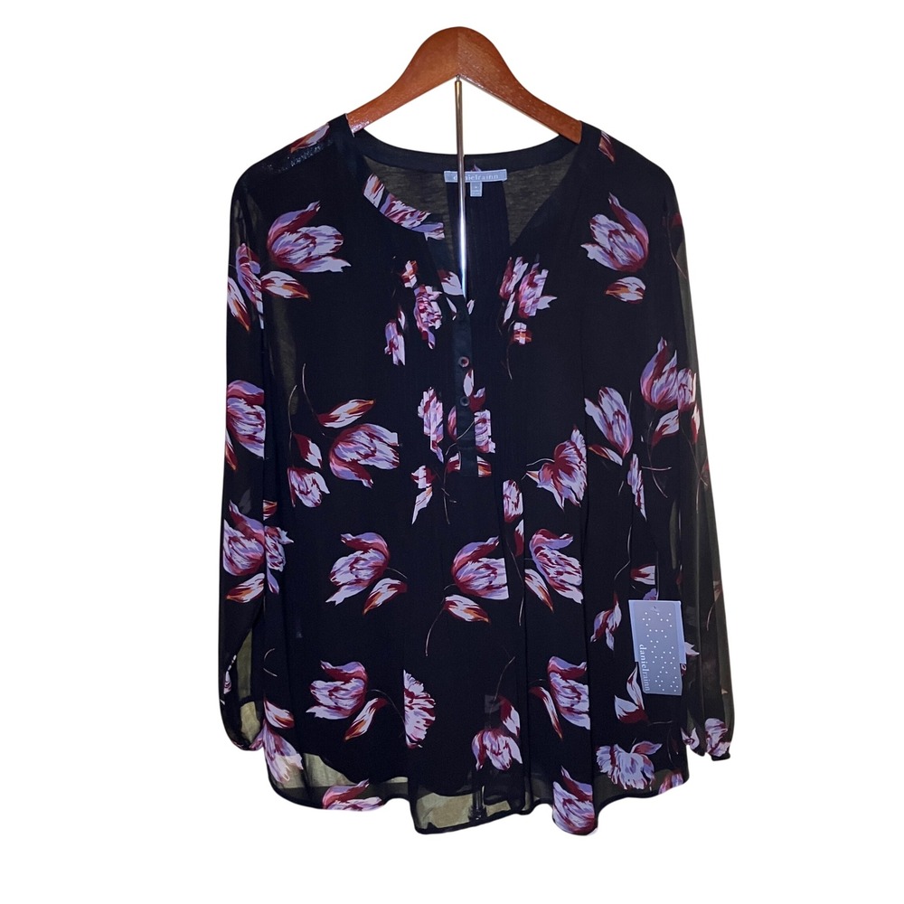 Daniel Rainn Floral Blouse Womens 1X Black Purple NWT Pleated Sheer Sleeve Top